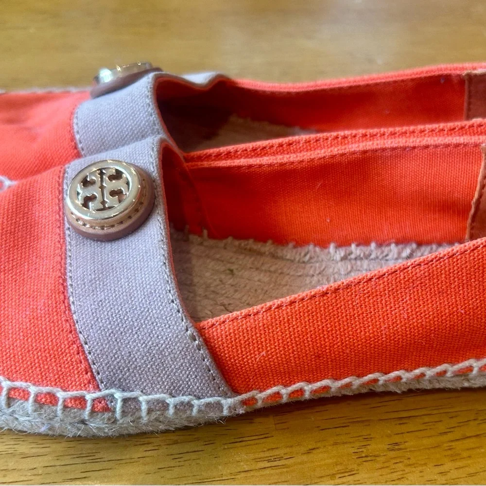 Tory Burch Coral Canvas Espadrille Flats with Taupe Band